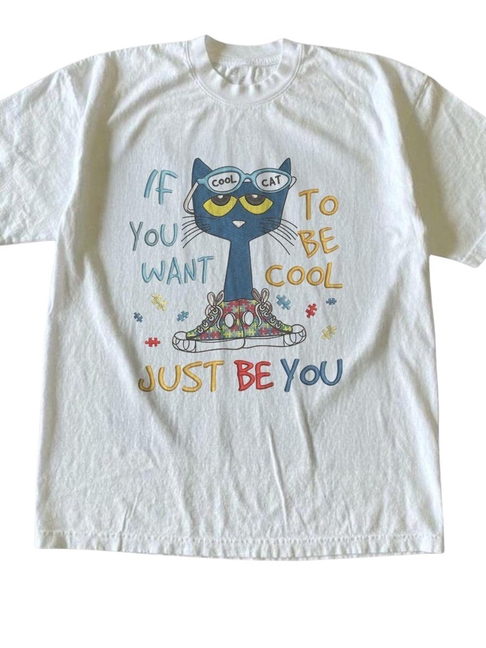 White Graphic Tee with Blue Cat and Multicolor Print